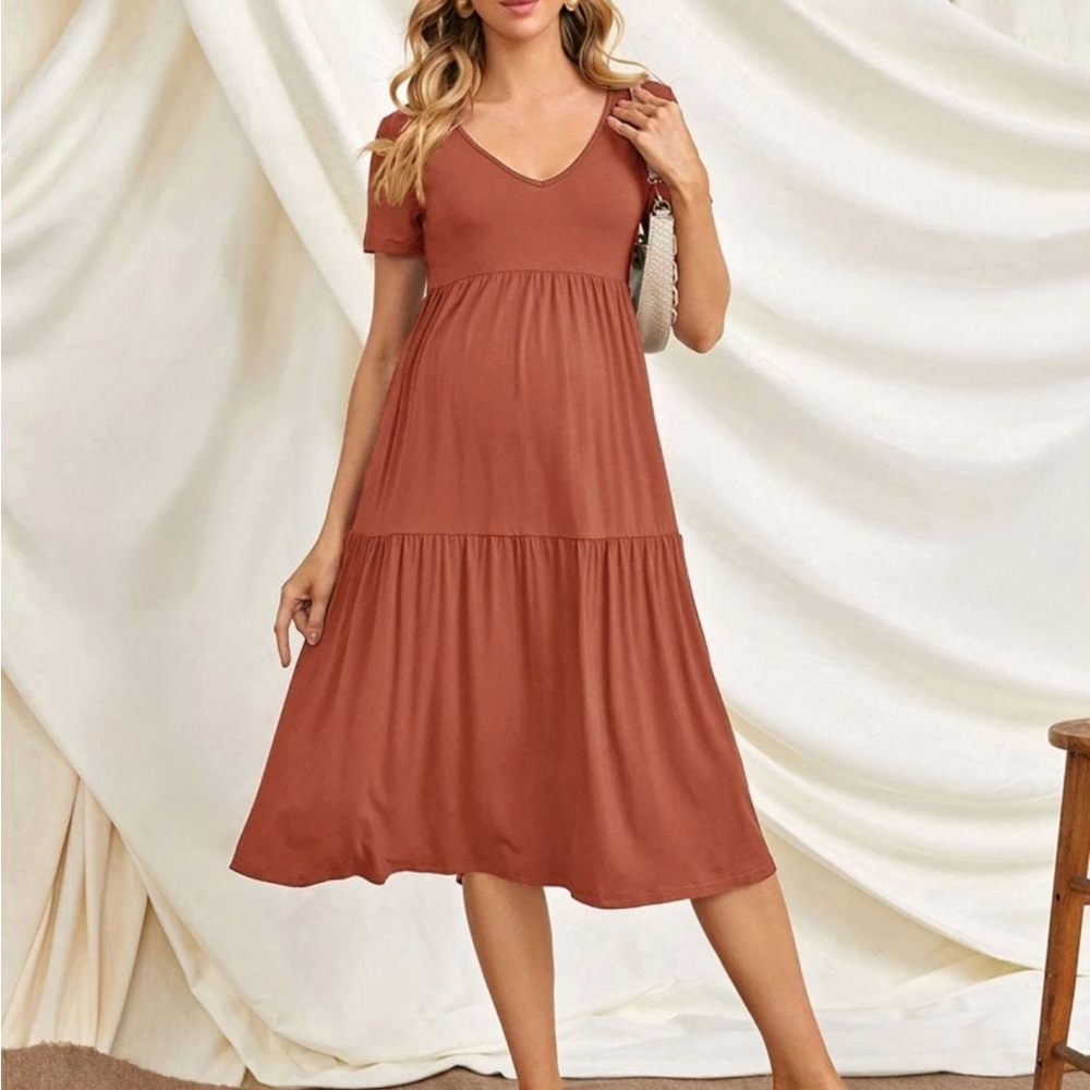 Casual Orange Brown Midi Sundress with V-Neck and Flutter Sleeves